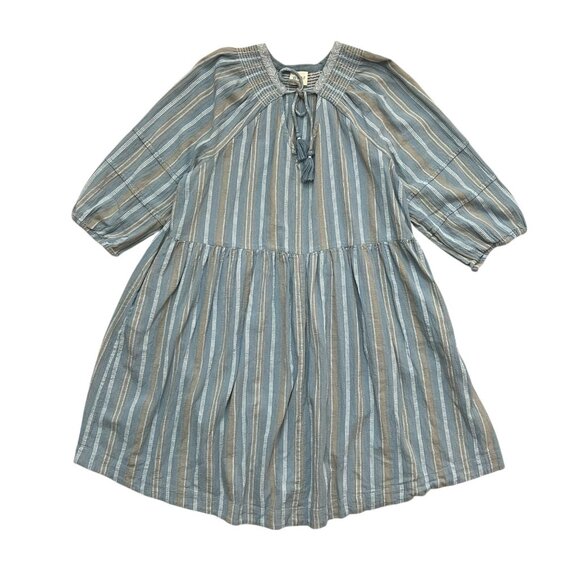 Wrap London Boho Cottagecore Peasant Puff Sleeve Mini Dress Blue Size 14 Coastal - Picture 1 of 9